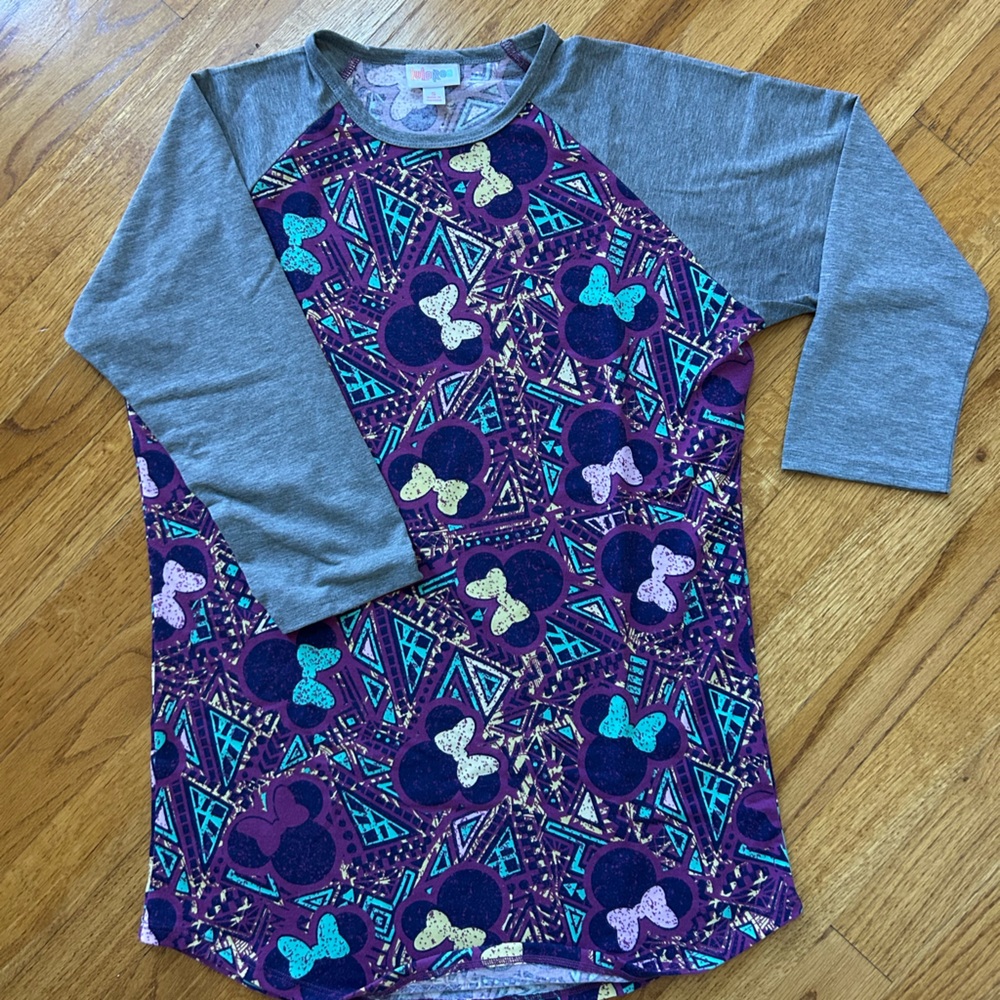 LuLaRoe Long Sleeve Disney Top with Purple and Gray Pattern